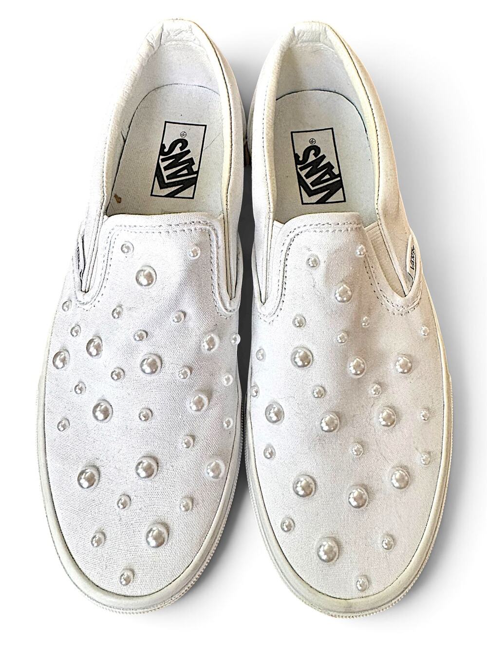 Vans Classic Slip-On Pearl Embellished White Canvas Sneakers Women’s Size 9.5